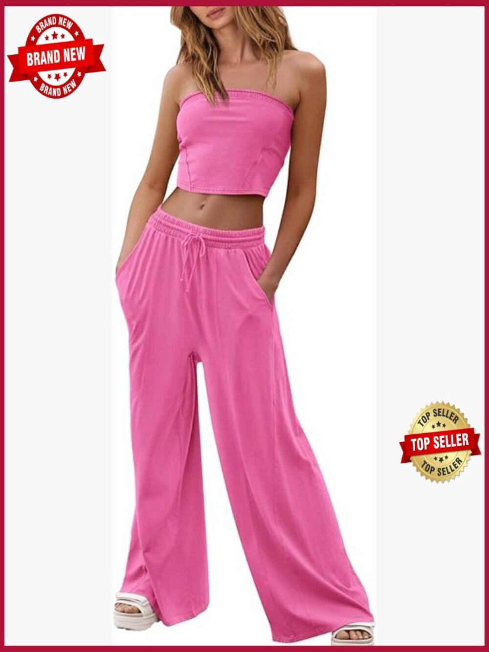 Women's 2 Piece Lounge Set Tube Top Wide Leg Pants Travel Outfit